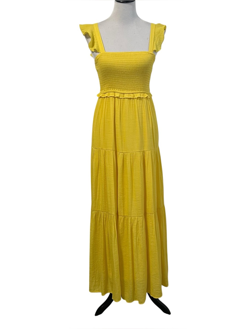 Nanette Lepore Womens Tiered Smocked Maxi Dress Size 6 Yellow Sleeveless Lined